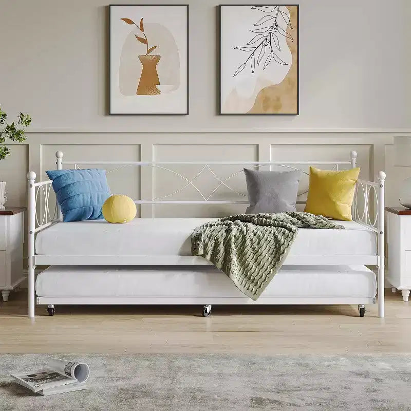Lit de repos double en métal Noir/Doré/Rose/Violet/Blanc avec lit gigogne – Style canapé, 2 couchages