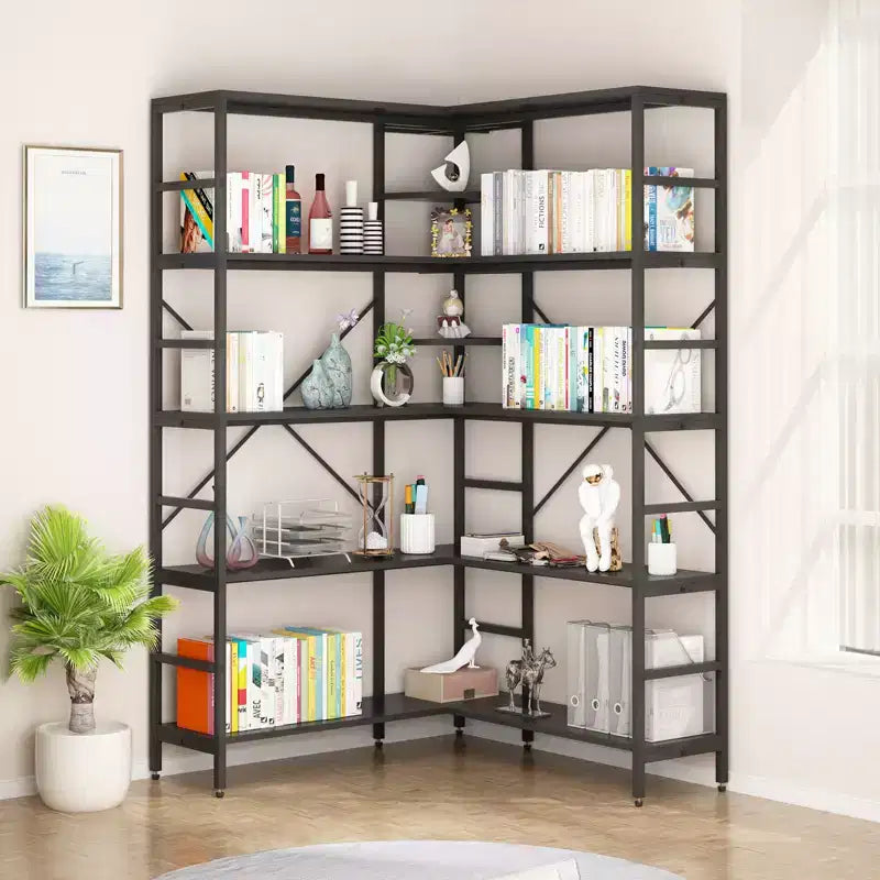 Étagère d'angle 5 niveaux en forme de L noir/gris, cadre métallique, usage individuel