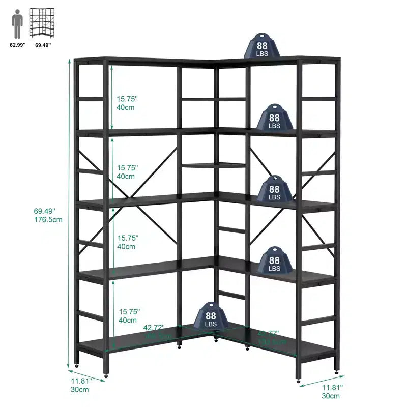 Étagère d'angle 5 niveaux en forme de L noir/gris, cadre métallique, usage individuel