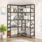 Étagère d'angle 5 niveaux en forme de L noir/gris, cadre métallique, usage individuel