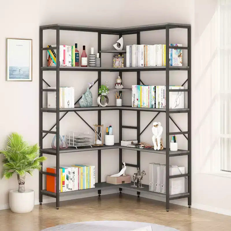 Étagère d'angle 5 niveaux en forme de L noir/gris, cadre métallique, usage individuel
