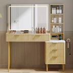 Acekool Vanity Desk with Mirror and Lights, Makeup Desk with 3-Color LED, 5 Drawers, 3 Storage Shelves, Power Outlet, for Bedroom, Oak