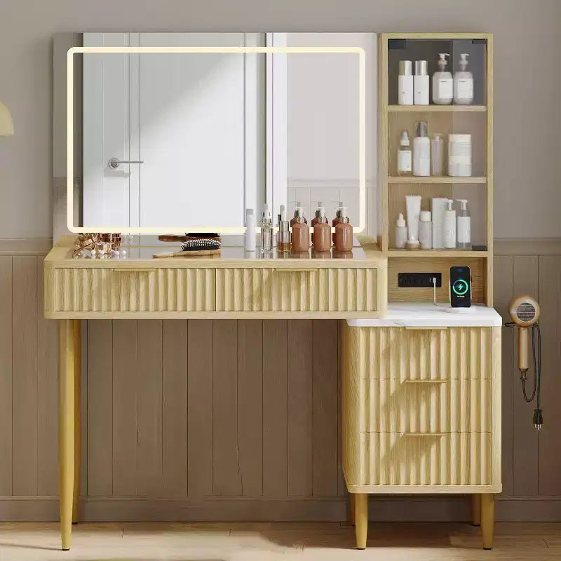 Acekool Vanity Desk with Mirror and Lights, Makeup Desk with 3-Color LED, 5 Drawers, 3 Storage Shelves, Power Outlet, for Bedroom, Oak