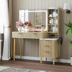 Coiffeuse chêne beige avec miroir et éclairage LED, 5 tiroirs, 3 étagères, prise de courant – 1 personne