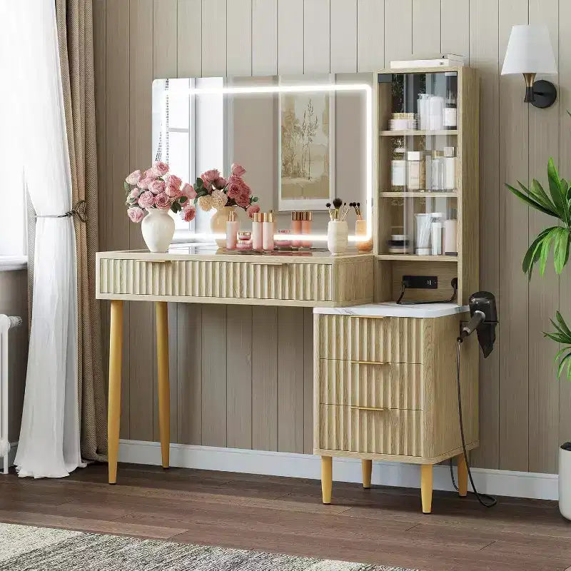 Coiffeuse chêne beige avec miroir et éclairage LED, 5 tiroirs, 3 étagères, prise de courant – 1 personne