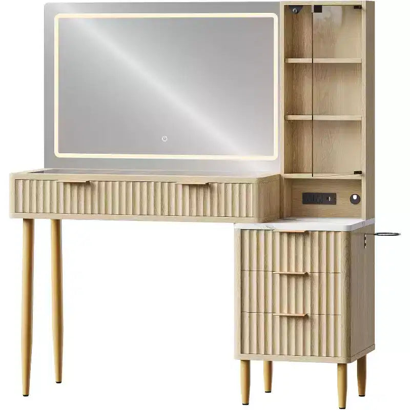 Coiffeuse chêne beige avec miroir et éclairage LED, 5 tiroirs, 3 étagères, prise de courant – 1 personne