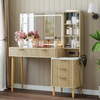 Coiffeuse chêne beige avec miroir et éclairage LED, 5 tiroirs, 3 étagères, prise de courant – 1 personne
