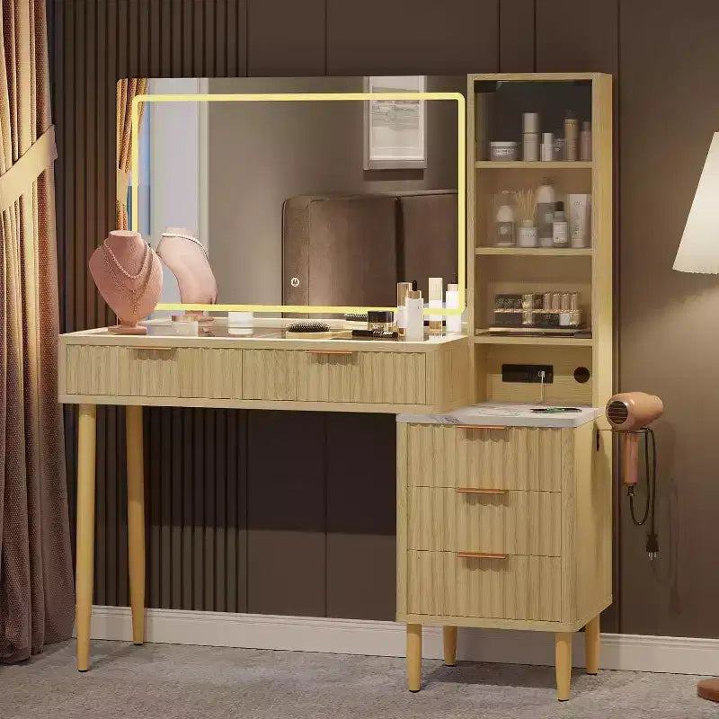 Coiffeuse chêne beige avec miroir et éclairage LED, 5 tiroirs, 3 étagères, prise de courant – 1 personne