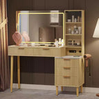 Coiffeuse chêne beige avec miroir et éclairage LED, 5 tiroirs, 3 étagères, prise de courant – 1 personne