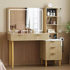 Coiffeuse chêne beige avec miroir et éclairage LED, 5 tiroirs, 3 étagères, prise de courant – 1 personne