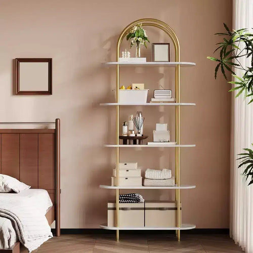 Étagère arquée à 5 niveaux, 180 cm de haut, Or et blanc, Fer + MDF, Individuel