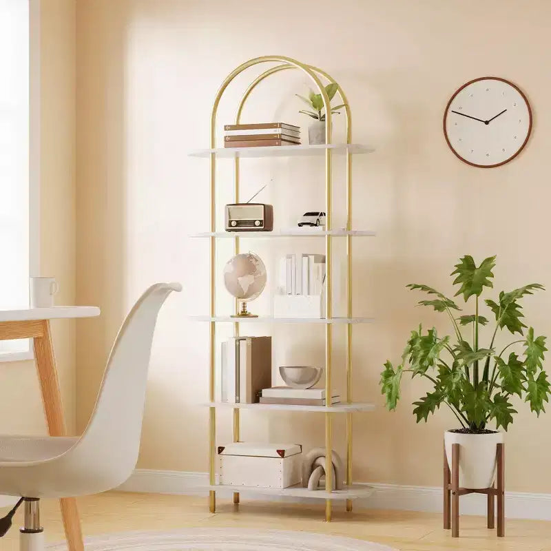 Étagère arquée à 5 niveaux, 180 cm de haut, Or et blanc, Fer + MDF, Individuel