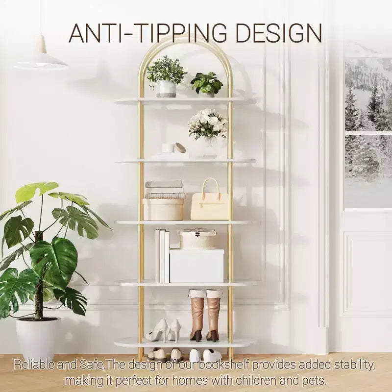 Étagère arquée à 5 niveaux, 180 cm de haut, Or et blanc, Fer + MDF, Individuel