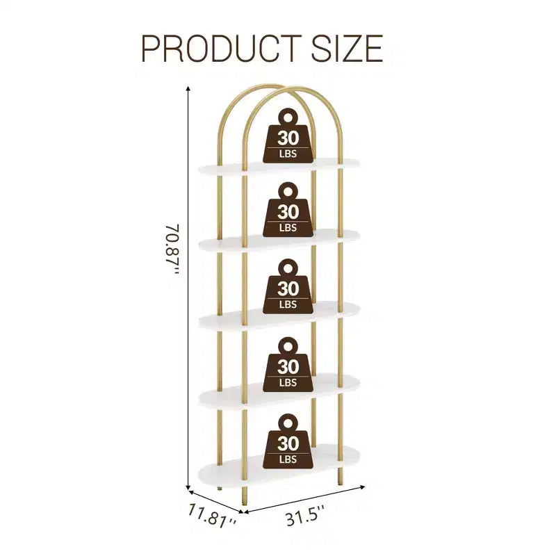 Étagère arquée à 5 niveaux, 180 cm de haut, Or et blanc, Fer + MDF, Individuel