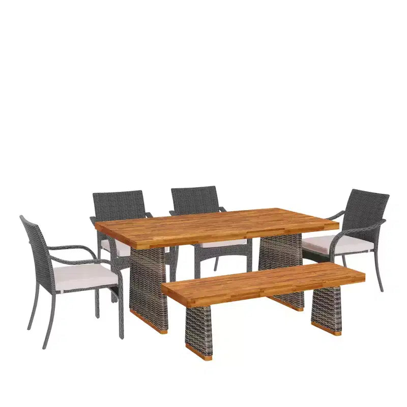 Ensemble de salle à manger d'extérieur en acacia et rotin marron rustique, 6 places