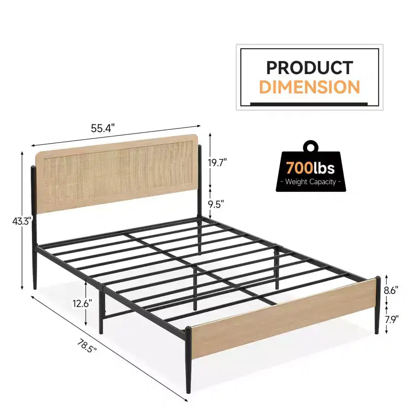 Cadre de lit plateforme en rotin et métal noir – Lit double/grand, 1-2 personnes