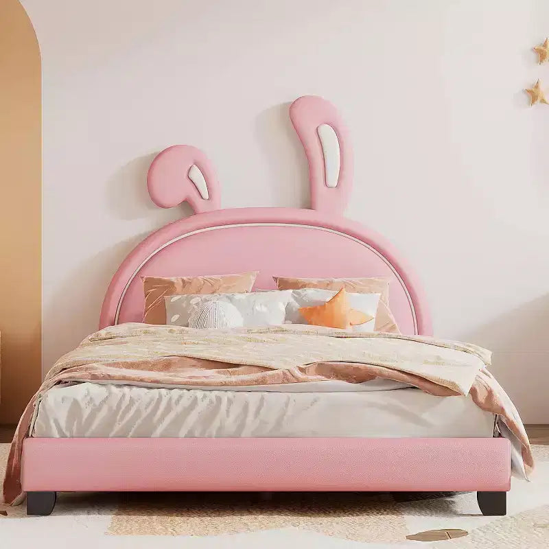 Acekool Full Size Upholstered Platform Bed Frame with Ears Headboard, Rabbit Accent for Kids, Slat Support, Pink