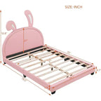 Lit plateforme rose pleine grandeur pour enfants avec tête de lit à oreilles, 1 place