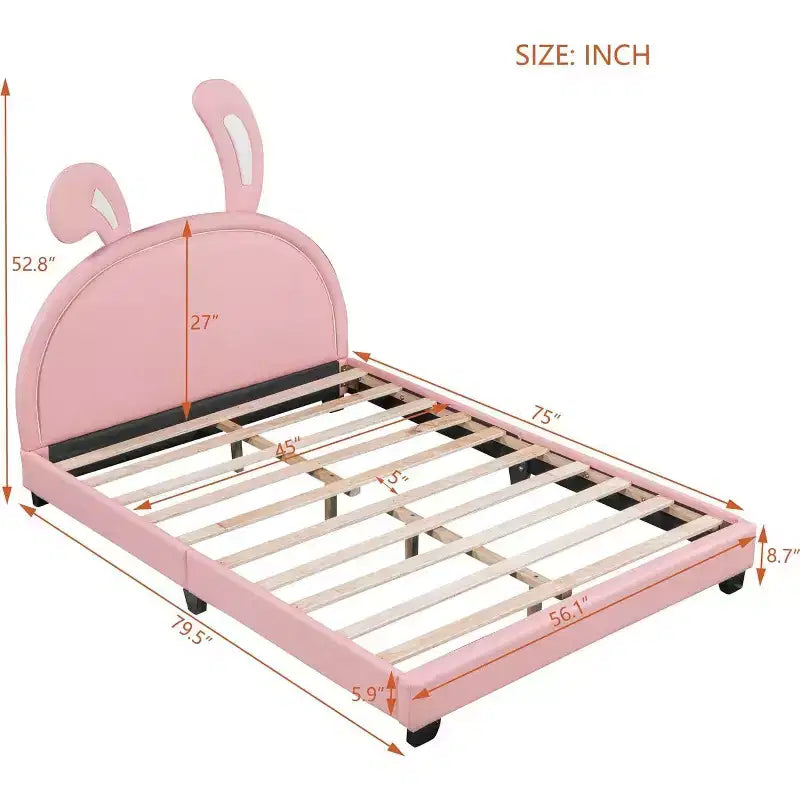 Lit plateforme rose pleine grandeur pour enfants avec tête de lit à oreilles, 1 place