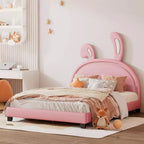 Lit plateforme rose pleine grandeur pour enfants avec tête de lit à oreilles, 1 place