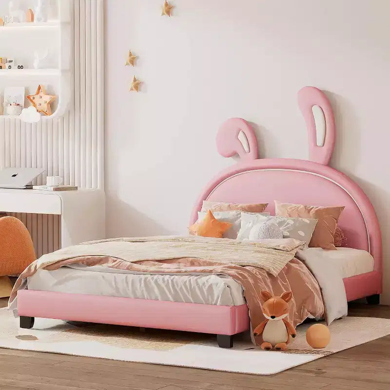 Lit plateforme rose pleine grandeur pour enfants avec tête de lit à oreilles, 1 place