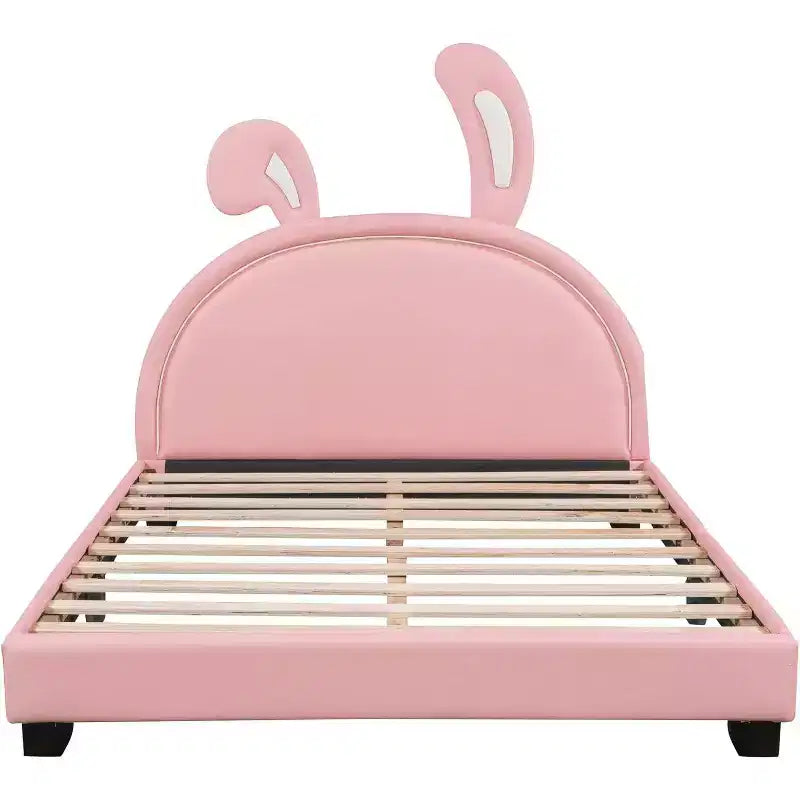 Lit plateforme rose pleine grandeur pour enfants avec tête de lit à oreilles, 1 place
