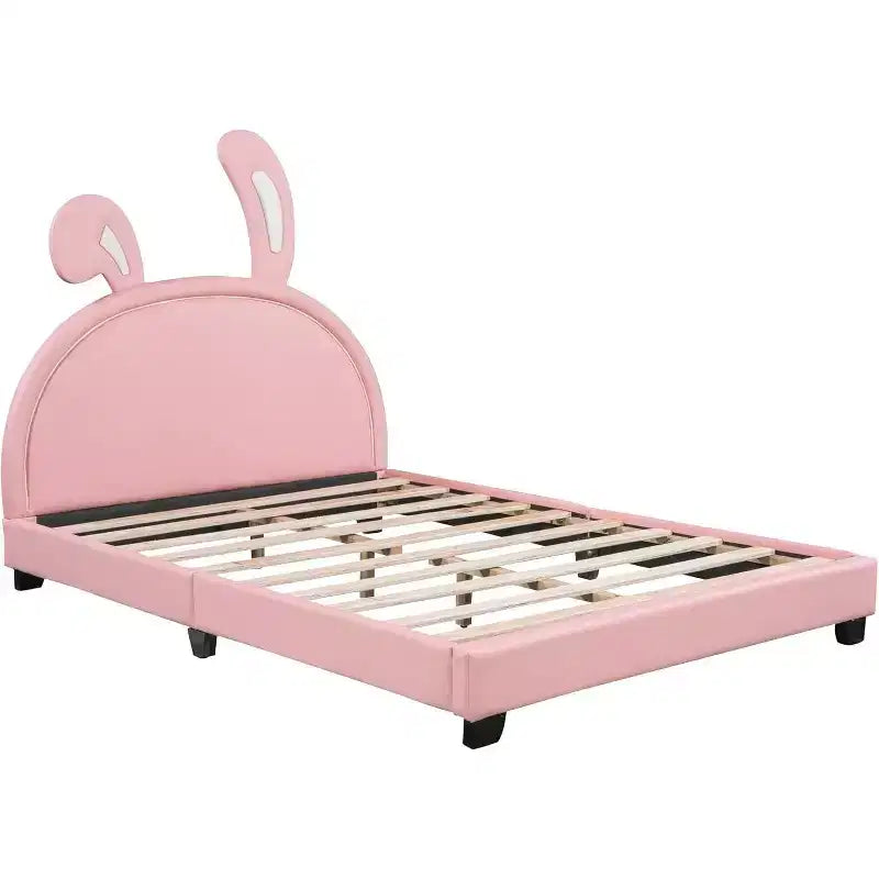 Lit plateforme rose pleine grandeur pour enfants avec tête de lit à oreilles, 1 place
