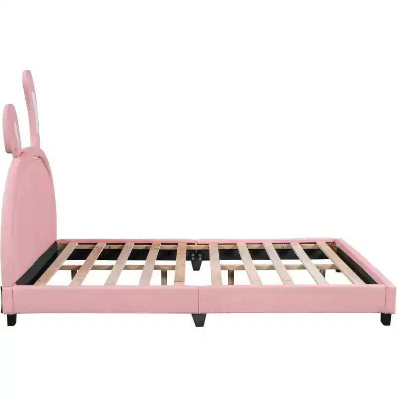 Lit plateforme rose pleine grandeur pour enfants avec tête de lit à oreilles, 1 place