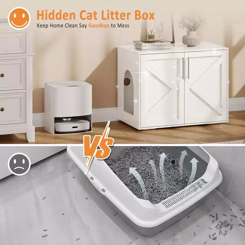 Meuble cache-litière en bois blanc à 2 portes, pour 1 chat