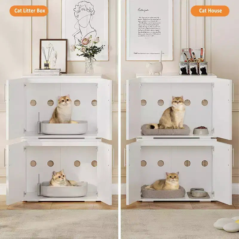 Meuble cache-litière en bois blanc à 2 portes, pour 1 chat