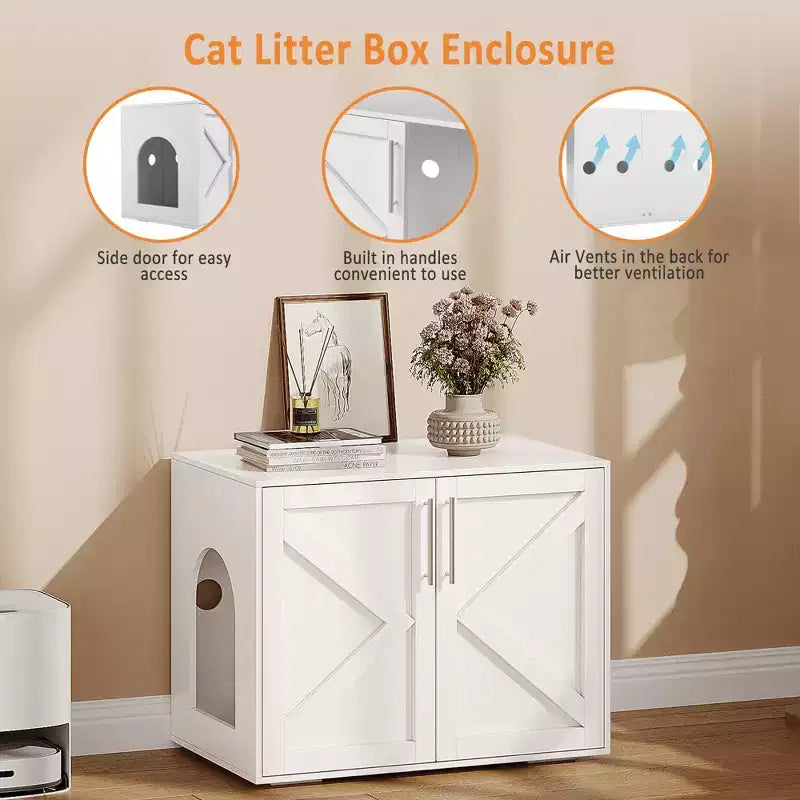 Meuble cache-litière en bois blanc à 2 portes, pour 1 chat