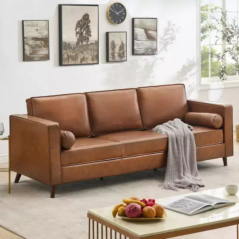 Canapé 3 places imitation cuir marron, style Mid-Century
