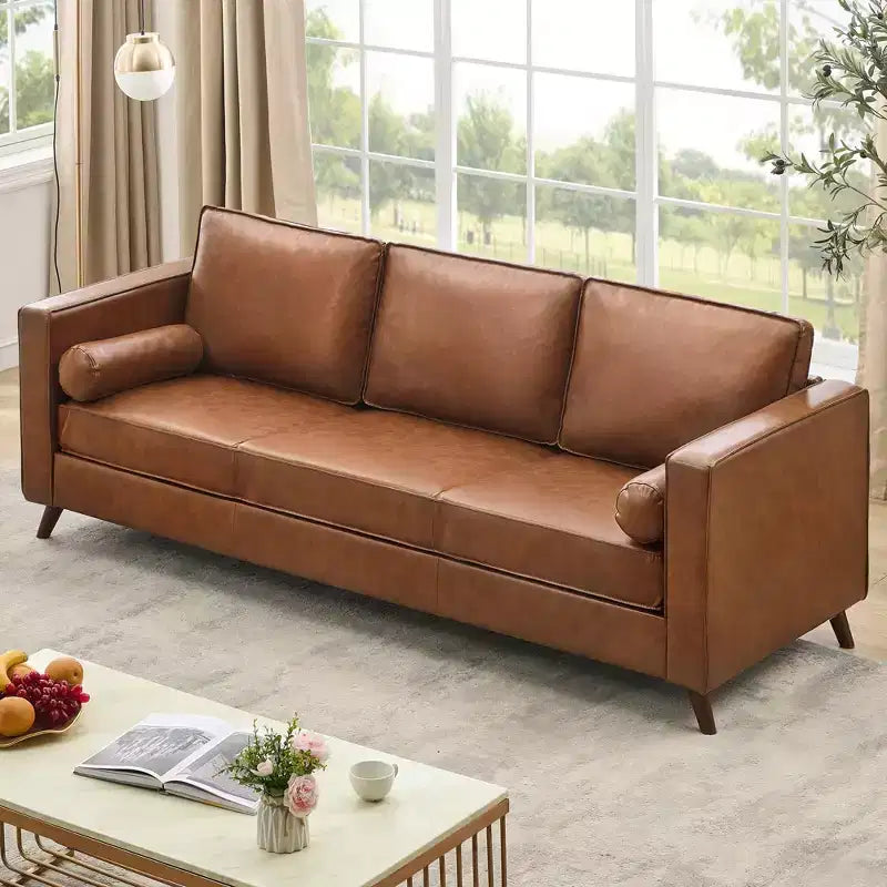 Canapé 3 places imitation cuir marron, style Mid-Century