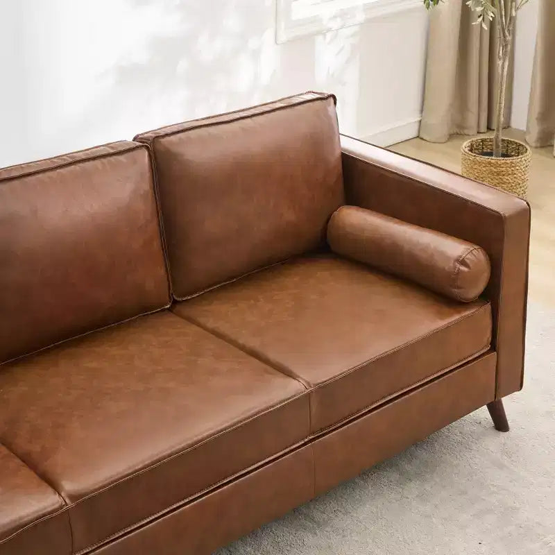 Canapé 3 places imitation cuir marron, style Mid-Century