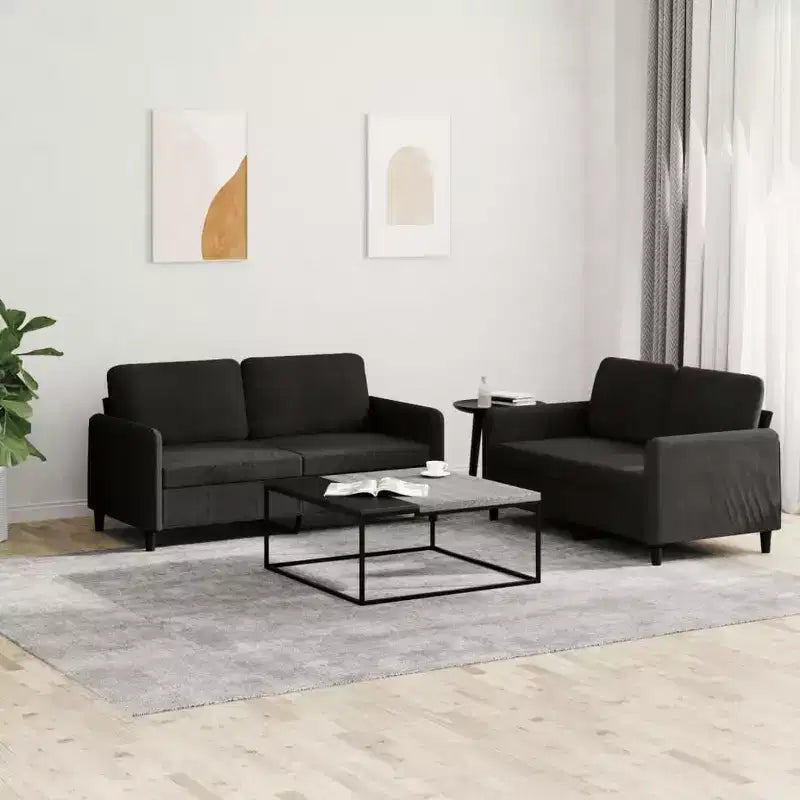 Canapé 2 places en velours noir, capacité de 4 places, 2 pièces