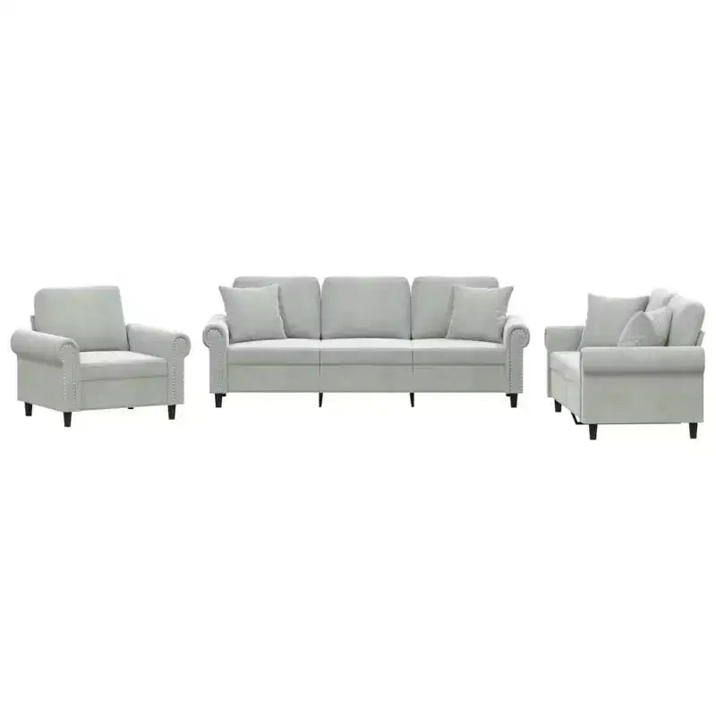 vidaXL 3-Piece Sofa Set in Light Gray Velvet - Comfortable Relaxation with Sturdy Frame and Decorative Throw Pillows for Living and Lounge Areas