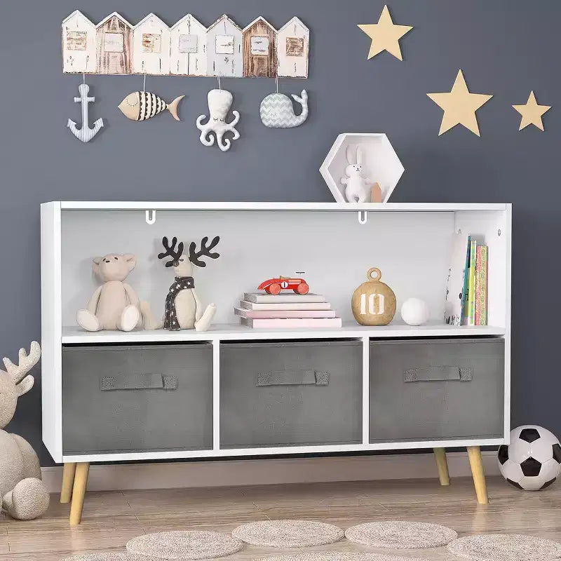 Acekool Kids Bookshelf, 4-Cubby Toy Storage Organizer with Collapsible Fabric Drawers, Book Display for Playroom, Nursery, Kids Room