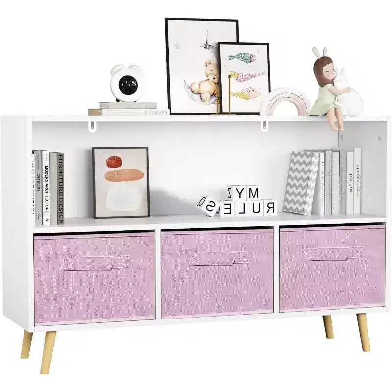 Bibliothèque pour enfants à 4 casiers avec tiroirs en tissu, Gris/Rose, pour 3-10 ans