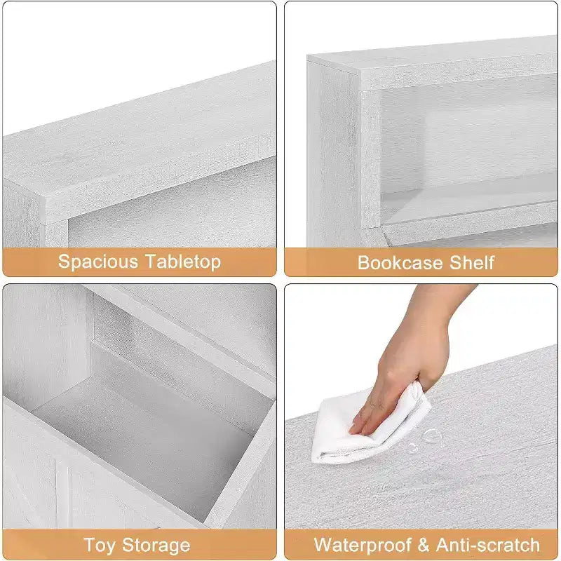 Étagère à Livres pour Enfants 2 Niveaux Blanc Antique / Blanc avec Meuble Bas, Utilisation par 1 Personne