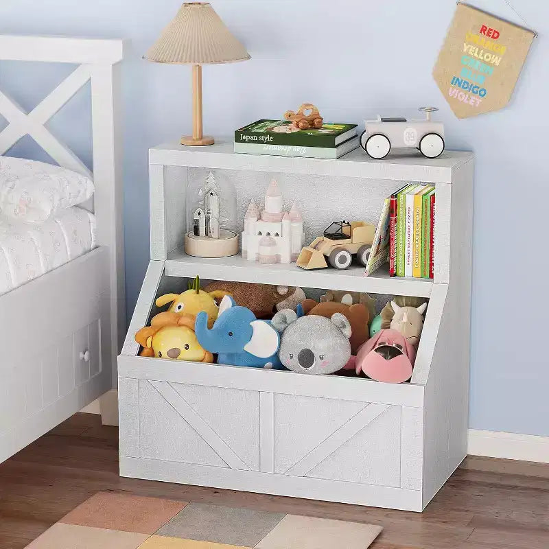 Étagère à Livres pour Enfants 2 Niveaux Blanc Antique / Blanc avec Meuble Bas, Utilisation par 1 Personne