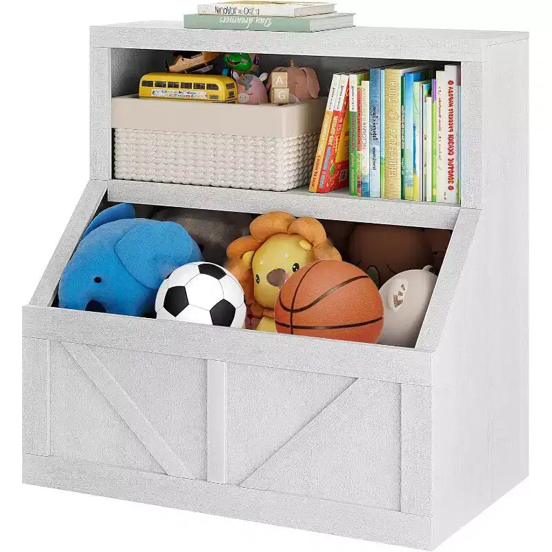 Acekool Kids Bookshelf and Toy Storage, 2-Tier Organizer with Lower Cabinet, Toddler Bookcase for Bedroom, Playroom, Classroom, Vintage White
