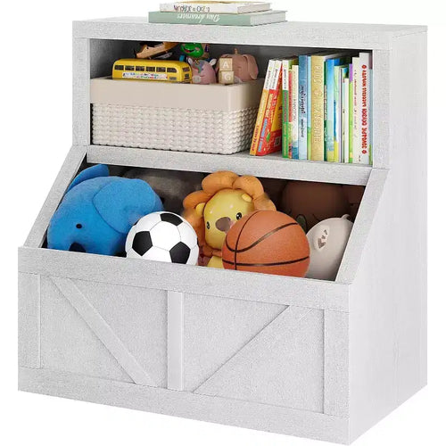 Acekool Kids Bookshelf and Toy Storage, 2-Tier Organizer with Lower Cabinet, Toddler Bookcase for Bedroom, Playroom, Classroom, Vintage White