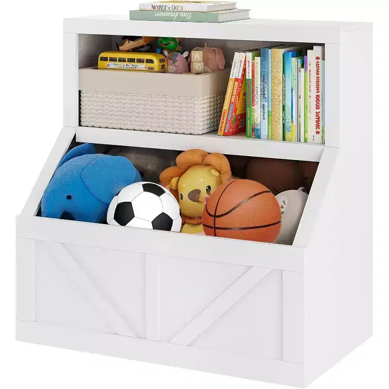 Étagère à Livres pour Enfants 2 Niveaux Blanc Antique / Blanc avec Meuble Bas, Utilisation par 1 Personne