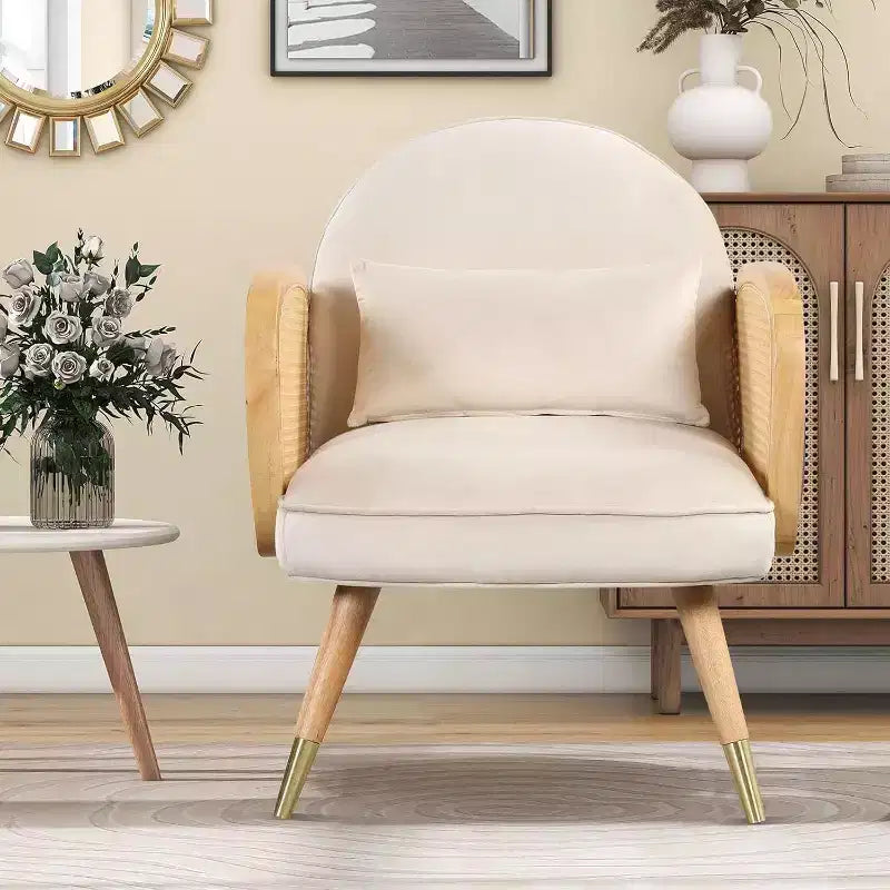 Acekool Modern Dining Chairs, Upholstered Seat with Rattan Armrests, Metal Legs, Accent Armchair for Dining Room Living Room Office, Yellow, Set of 2