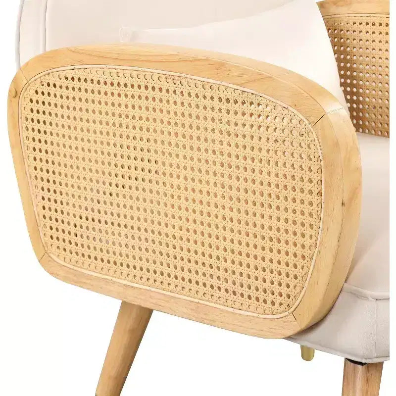 Chaise de salle à manger tapissée jaune avec accoudoirs en rotin, lot de 2