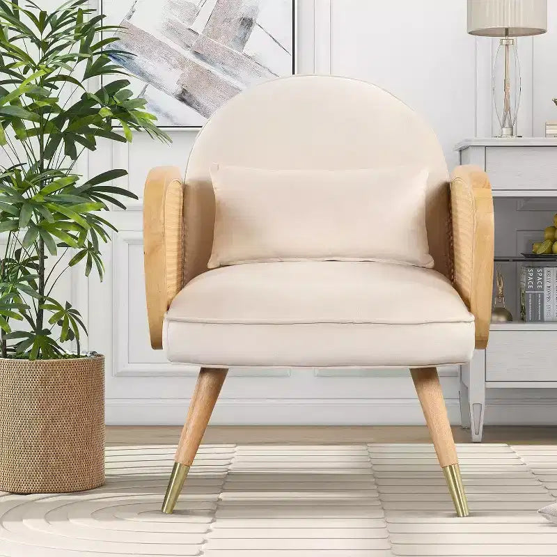 Chaise de salle à manger tapissée jaune avec accoudoirs en rotin, lot de 2