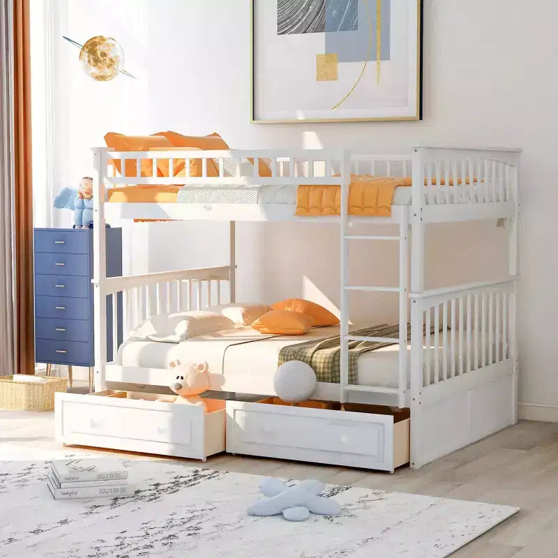 Lit superposé double en bois avec tiroirs et barrière de sécurité, marron naturel, 1-2 personnes