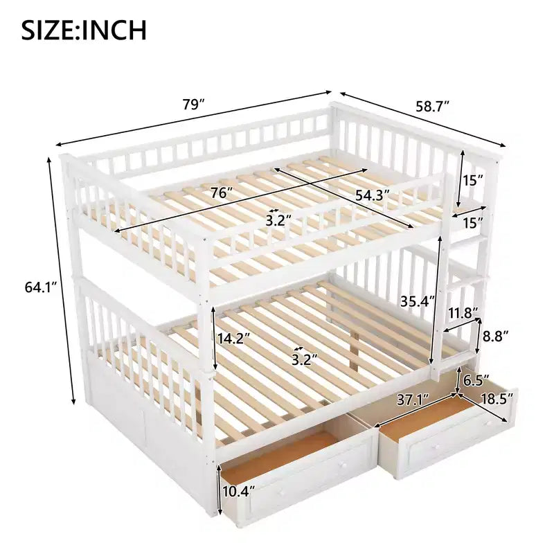 Lit superposé double en bois avec tiroirs et barrière de sécurité, marron naturel, 1-2 personnes