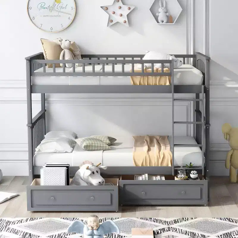 FAMYYT Twin Size Wood Bed?With Drawers, Fence-shaped Guardrail, ladder, Easy Assembly
