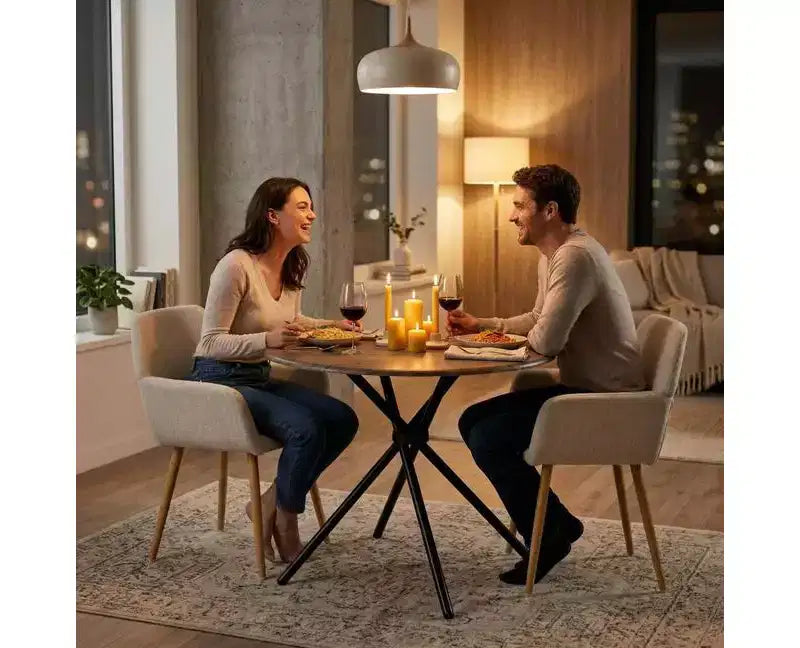 Ensemble de salle à manger rond 3 pièces beige pour 2 personnes, fauteuils rembourrés, cadre en métal